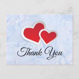 2 Red Paper Hearts on Icy Blue Marmor Vielen Dank Postkarte