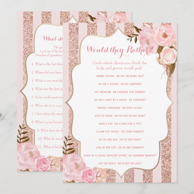 2 Rose Gold und Pink Brautparty Games Einladung (Vorne/Hinten)