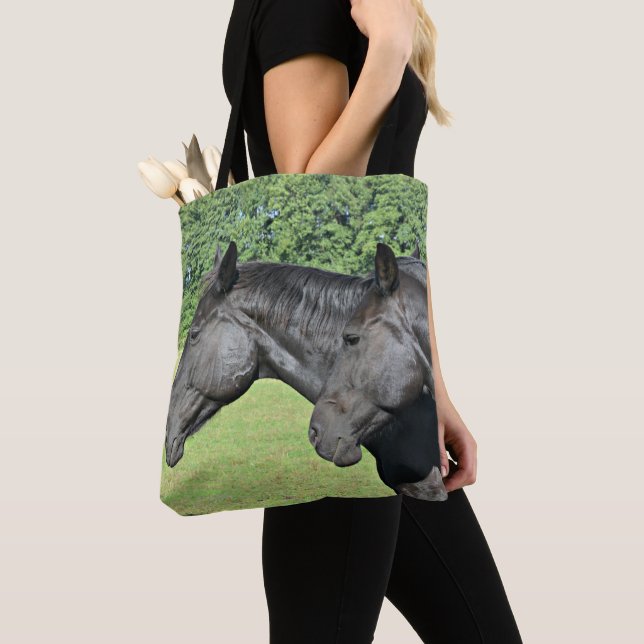 2 Schwarze Pferde Kopf zu Kopf Tasche (Von Nahem)