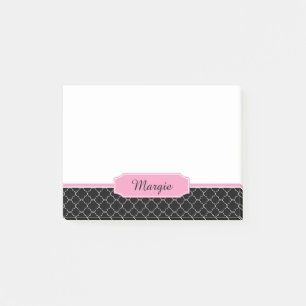 #2 schwarzes und rosa Quatrefoil Muster-Monogramm Post-it Klebezettel