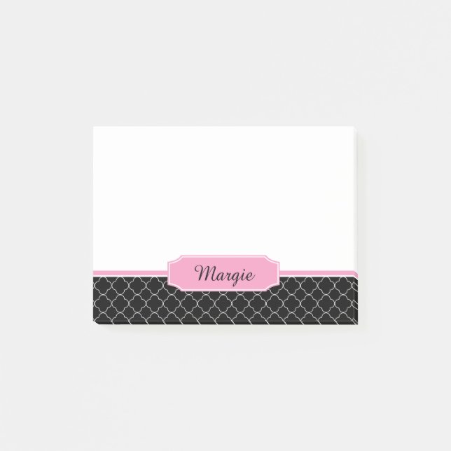 #2 schwarzes und rosa Quatrefoil Muster-Monogramm Post-it Klebezettel (Vorderseite)