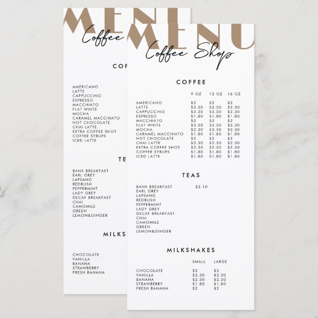 2-seitige moderne Speisekarte für Minimalistischen Menükarte (Vorne/Hinten)