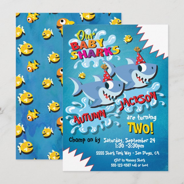 2 Sharks Baby Birthday Party Einladung (Vorne/Hinten)