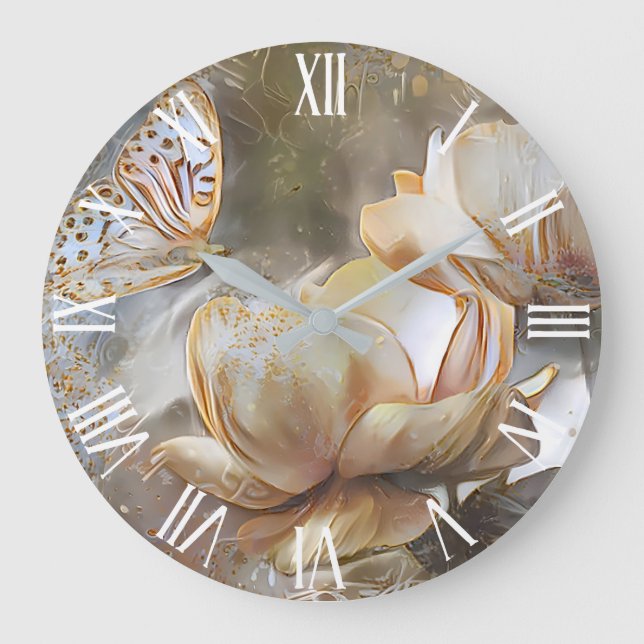 2 Silk Gold Weiße Rose Kunst, Dichtung und Musik Große Wanduhr (Vorderseite)