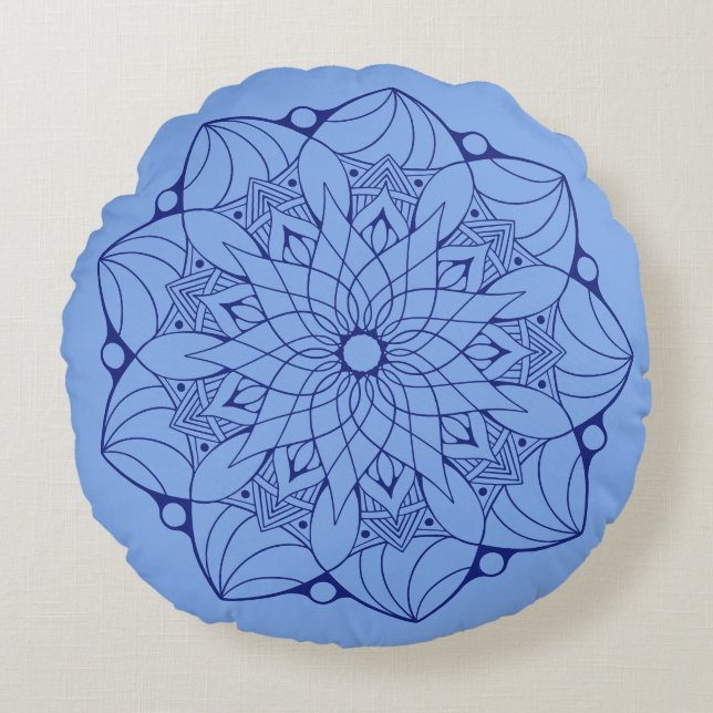 2 Tone Blue Mandala Rundwurfpilz für Sofa Rundes Kissen (Vorderseite)