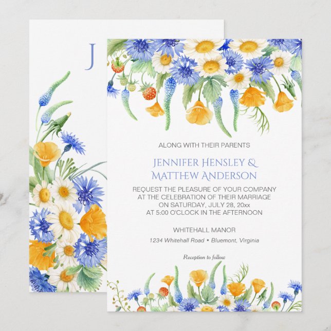 #2 Watercolor Blue Yellow Wildblumen Einladungen (Vorne/Hinten)
