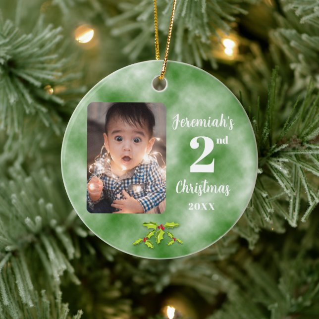 2. Weihnachten eines Fotos Rund Green Keramik Ornament (Baum)