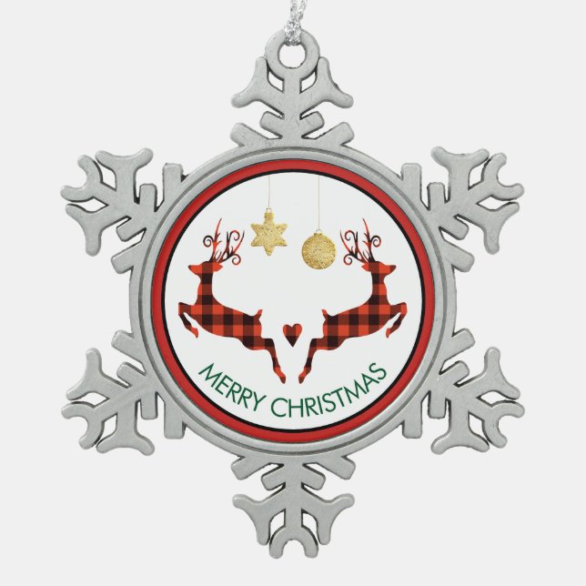 2 Weihnachten Hirsch Springen Rustikaler Stil Schneeflocken Zinn-Ornament (Vorderseite)