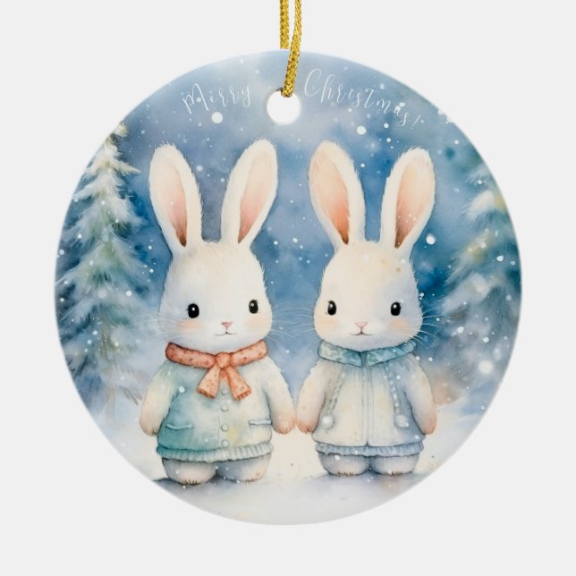 2 Weihnachtskaninchen Keramik Ornament (Vorne)