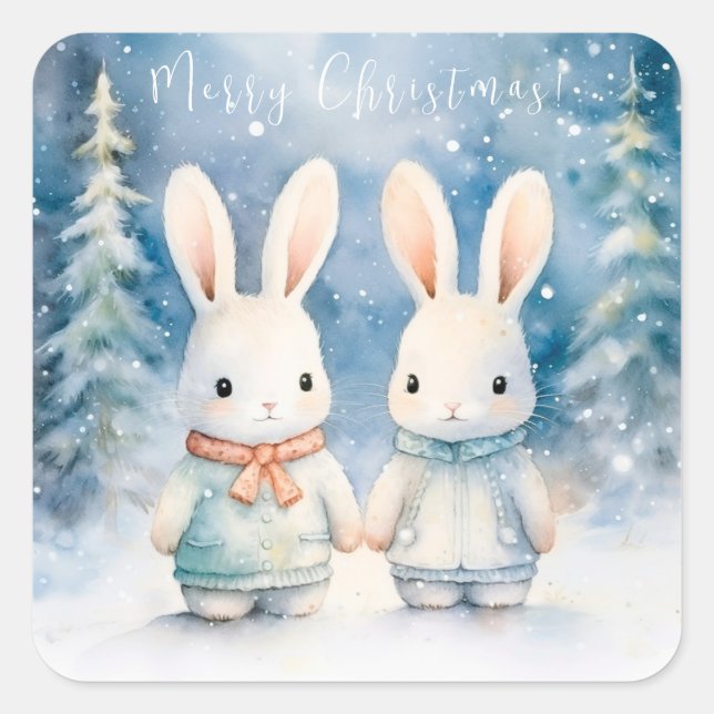 2 Weihnachtskaninchen Quadratischer Aufkleber (Vorderseite)