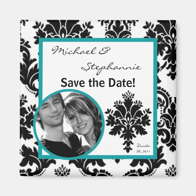 2"x2" Enregistrer la date Aimant noir Turquoise Da (Devant)
