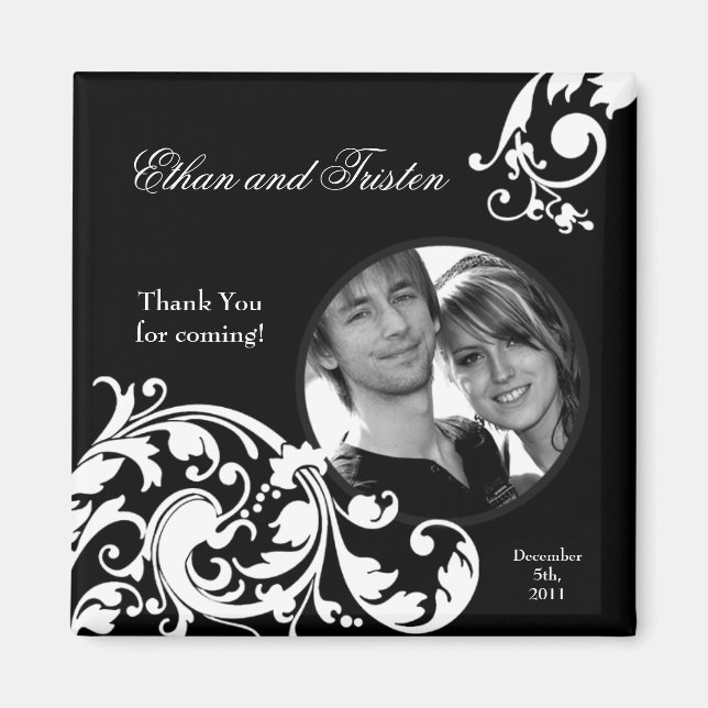 2"x2" Favoriser Aimant noir blanc floral Filigree (Devant)