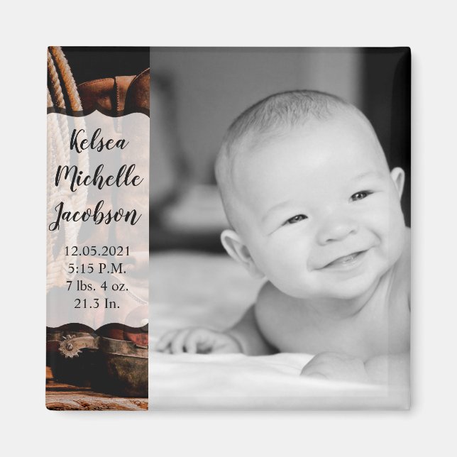 2"x2" Geburtshinweis Magnet Cowboy Boots Barn (Vorne)