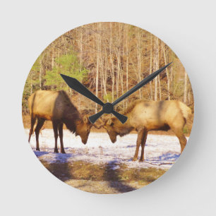 2~ zwei Bull Elk im Schnee Runde Wanduhr