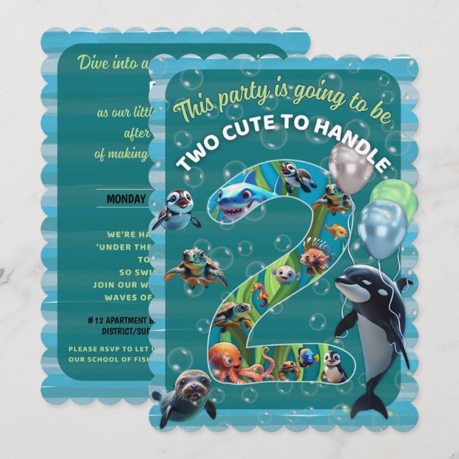 2Cute2Handle Flat Scalloped Birthday Invitation Einladung (Vorne/Hinten)