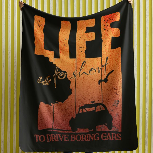 2CV Oldtimer Life is to short to drive boring cars Fleecedecke (2CV Blanket in Black with a Orange Sunset Background)