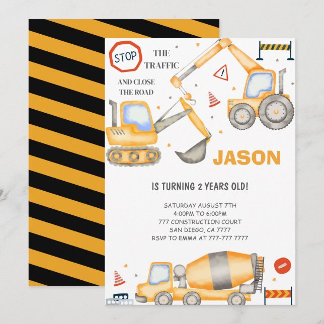 2e anniversaire Construction Boy Invitation (Devant / Derrière)