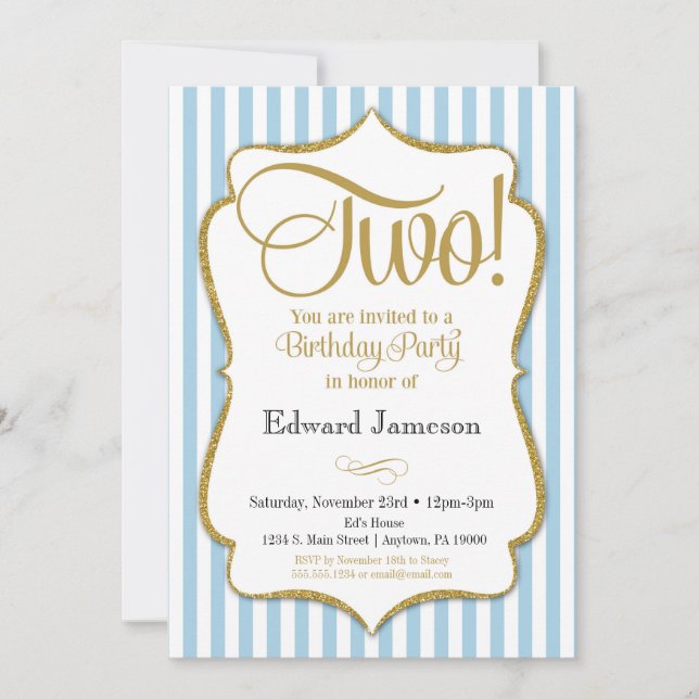2e anniversaire Invitation Boys Deux ans Blue Gold (Devant)