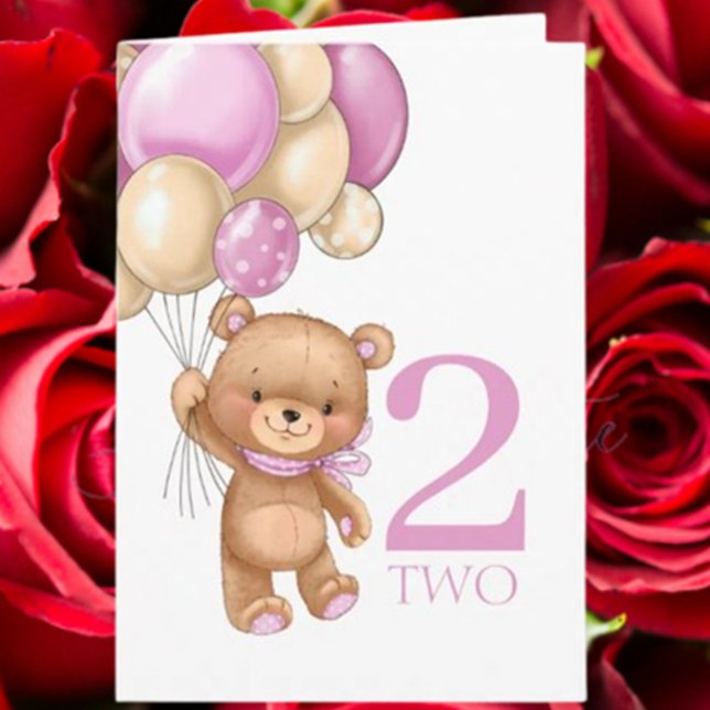2e anniversaire mignon ballons roses fille carte e (Celebrate her 2nd birthday with a cute pink balloons and teddy card)
