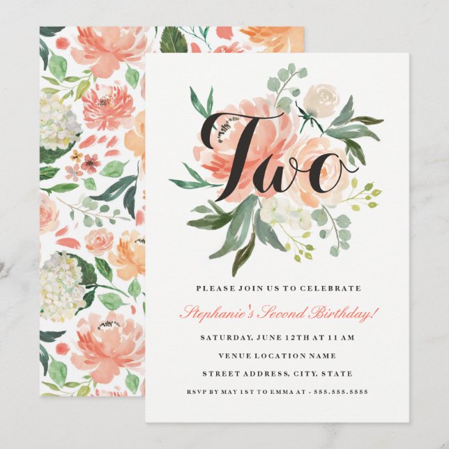 2e anniversaire Peach rose Floral Deux Invitation (Devant / Derrière)