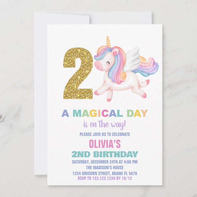 2e Rainbow Unicorn Invitations d'anniversaire (Devant)