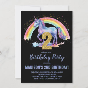 2e Rainbow Unicorn Invitations d'anniversaire