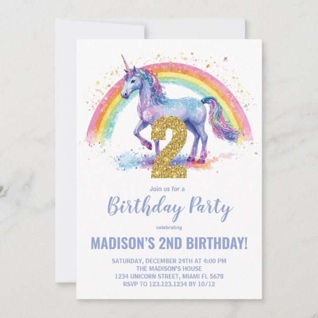 2e Rainbow Unicorn Invitations d'anniversaire (Devant)
