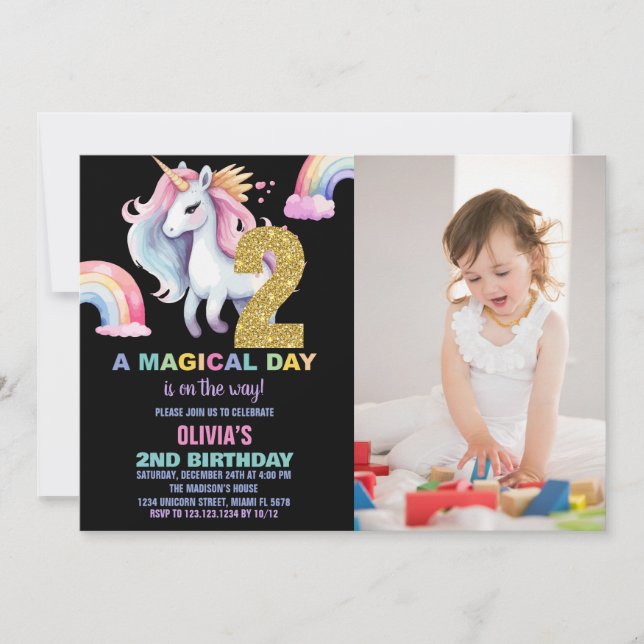 2e Rainbow Unicorn Invitations d'anniversaire avec (Devant)