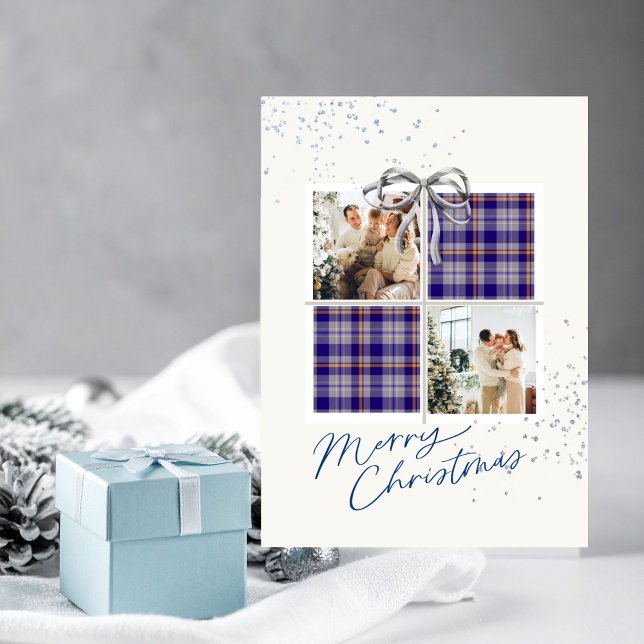 2er Fotokarte Blau Tartan Weihnachtsgeschenk Einladung (Personalized Christmas card with two photo frames and festive holiday details)