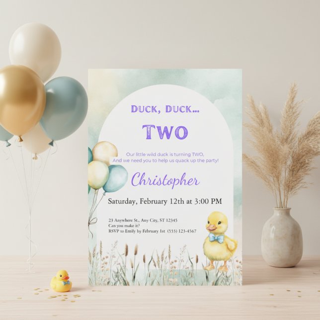 2nd Birthday Invitation Duck Duck Two Theme Einladung (Duck Duck Two 2nd birthday invitation mockup in white frame with pastel green and gold balloons)