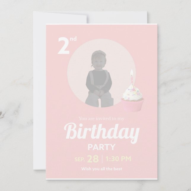 2nd Birthday Party Invitation Pink Cupcake Photo (Devant)