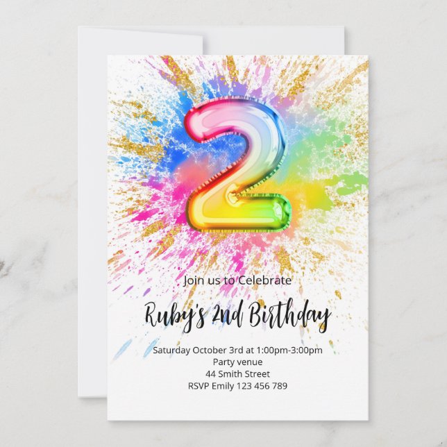 2nd Birthday Rainbow Paint Splash Invitation Einladung (Vorderseite)