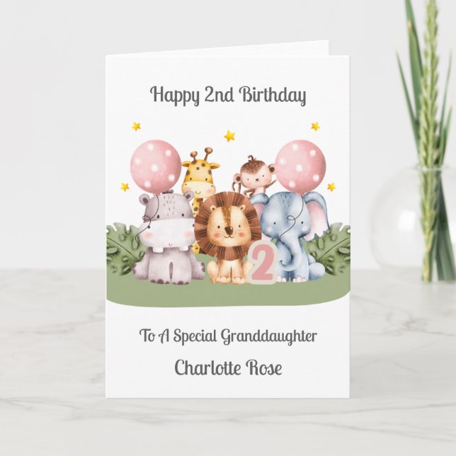 2nd Birthday Safari Leaf Animals Card Karte (Vorderseite)