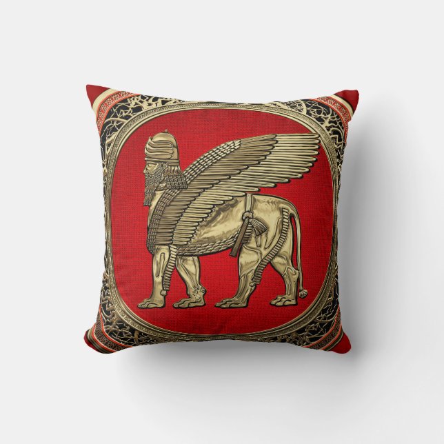[300] Assyrian Winged Lion - Gold Lamassu Kissen (Vorderseite)