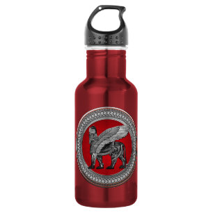 [300] Assyrian Winged Lion: Silver & Black Lamassu Edelstahlflasche