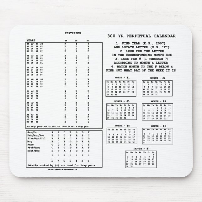300-jähriger Kalender (Wochentag) Mousepad (Vorne)