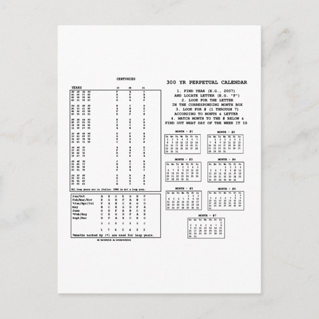 300-jähriger Kalender (Wochentag) Postkarte (Vorderseite)