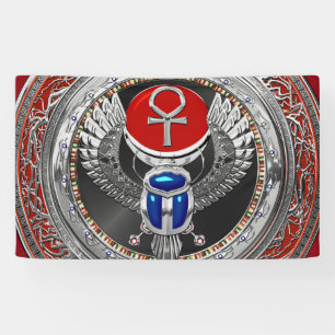 [300] Sacred Silver Egyptian Winged Scarab & Ankh Banner