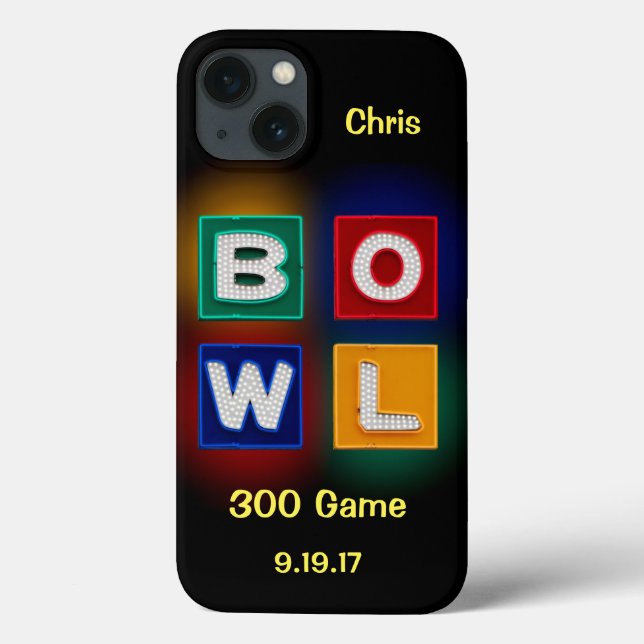 300 Spiele, B O W L Neon Grafik mit Name & Datum Case-Mate iPhone Hülle (Rückseite)