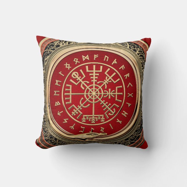 [300] Vegvisir - Viking Gold Magic Runic Compass Kissen (Vorderseite)