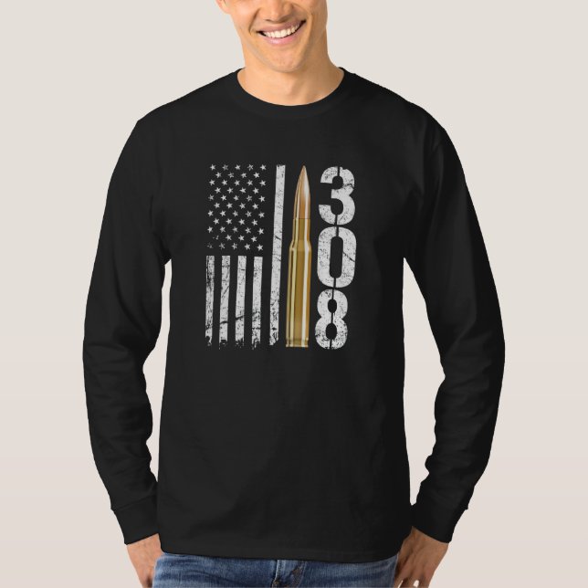 308 Gun Ammo Bullet 308 Caliber Rifle USA Flag T-Shirt (Vorderseite)