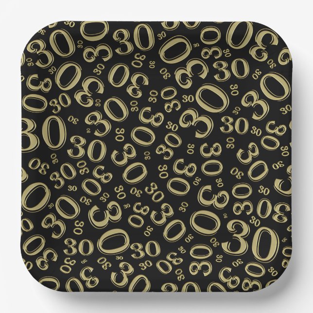 30. Age Random Number Pattern Gold/Schwarz Pappteller (Vorderseite)