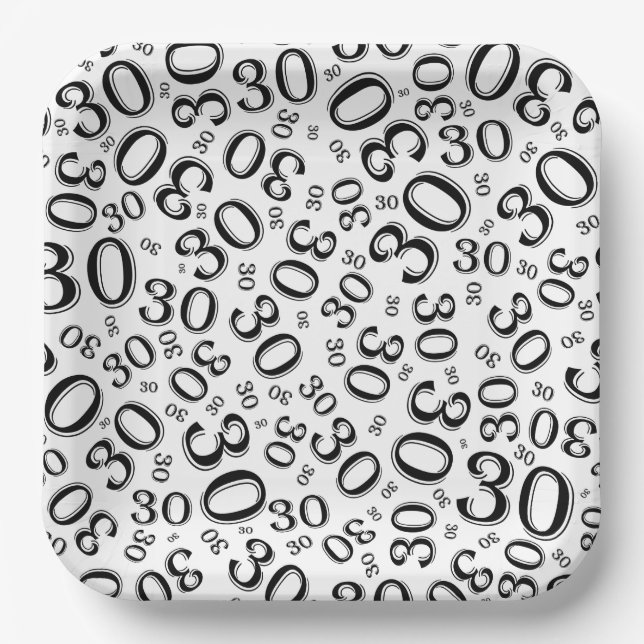 30. Age Random Number Pattern Schwarz/Weiß Pappteller (Vorderseite)