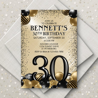 30. Balloons Black Gold Geburtstag Einladung