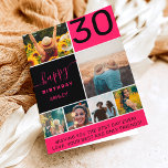 30 birthday neon pink 6 photo collage grid karte<br><div class="desc">Modern simple 30th birthday neon pink 6 photo collage grid with bright pink and black editable colors and modern typography.</div>