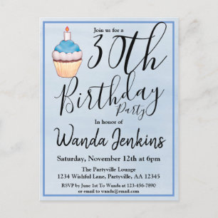 30. Blue Watercolor Cupcake Birthday Einladungspostkarte