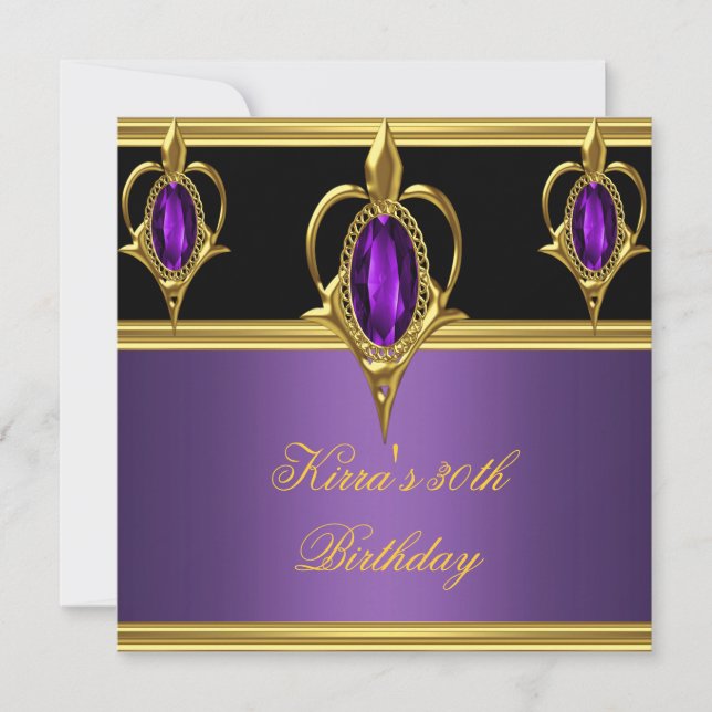 30. Elegant Geburtstag Lila Gem Black Gold Einladung (Vorderseite)