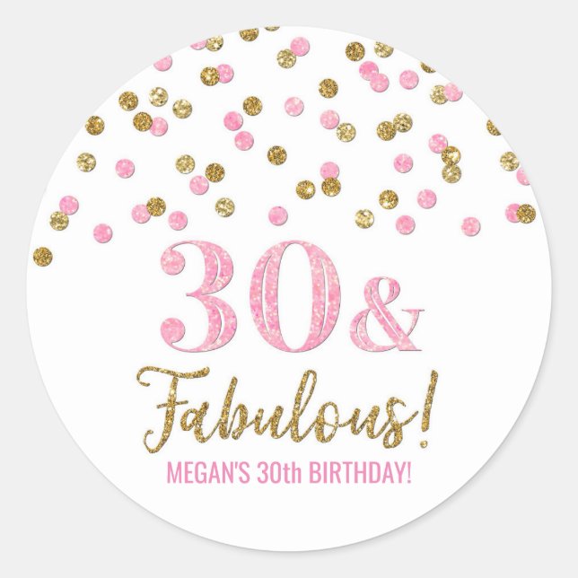30 & Fabulous Birthday Pink Gold Confetti Runder Aufkleber (Vorderseite)
