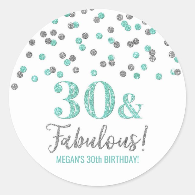 30 & Fabulous Geburtstag Türkis Silver Confetti Runder Aufkleber (Vorderseite)