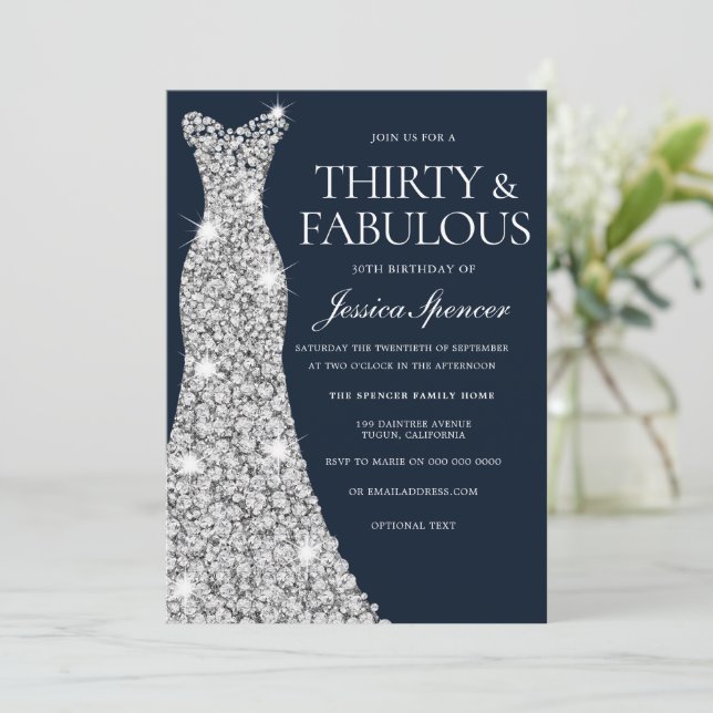 30 & Fabulous!! Silver Diamond Gown 30. Geburtstag Einladung (Stehend Vorderseite)